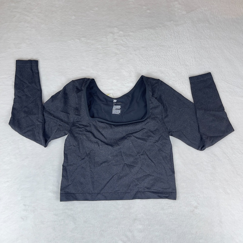All in Motion Lurex Seamless Cropped Top Womens XL Black Long Sleeve Square Neck - Picture 2 of 5